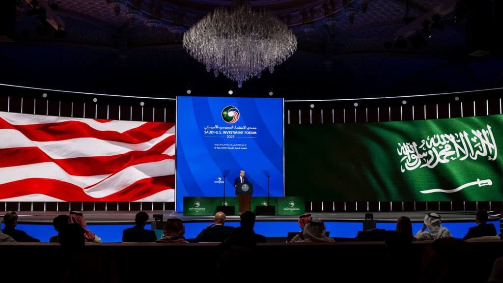 Donald Trump speaking during an investment summit between the United States and Saudi Arabia