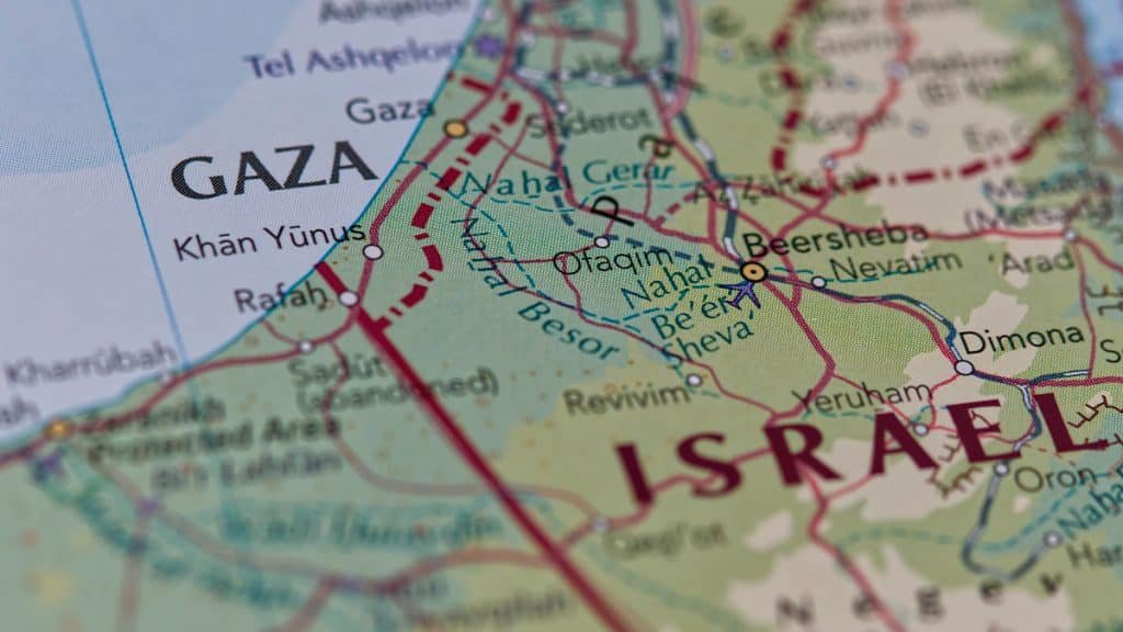 Israel and Gaza Strip, in Palestine, prominent on the map