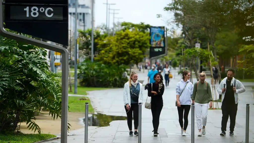 Group of friends walking on a wide sidewalk during a cold day in Rio de Janeiro