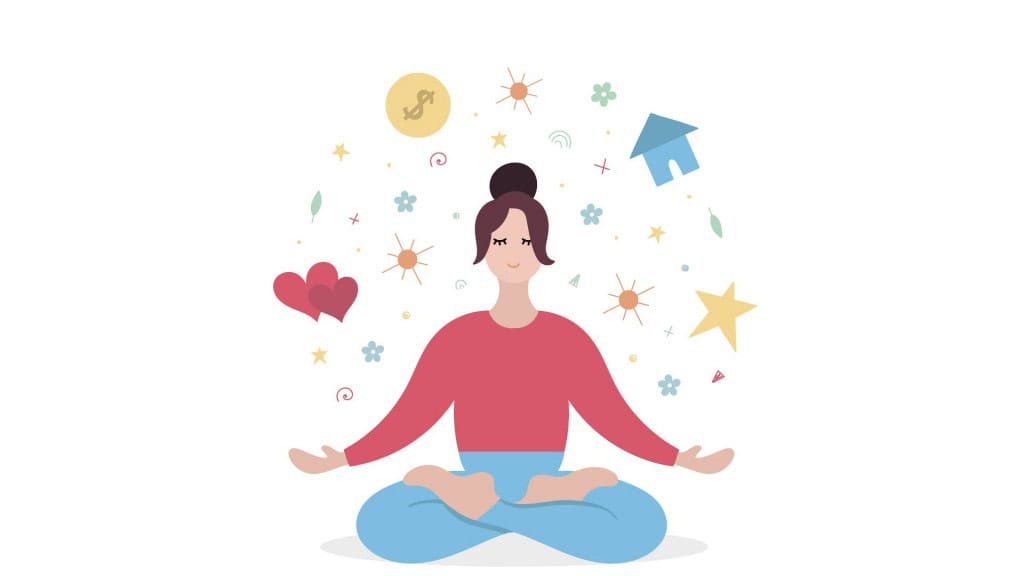 Concept of the law of attraction. Positive vibrations. The girl meditates and attracts the best things. Visualization. Practice