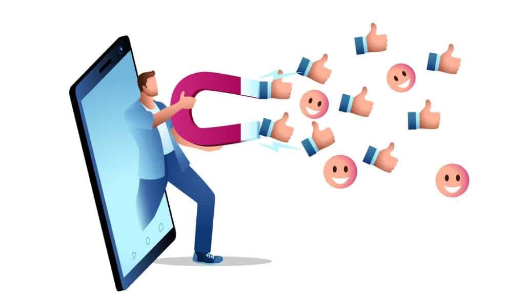 The man leaves the phone with a giant magnet to attract icons of the type and smile of the smile, attracting more visitors, social media traffic, vector illustration