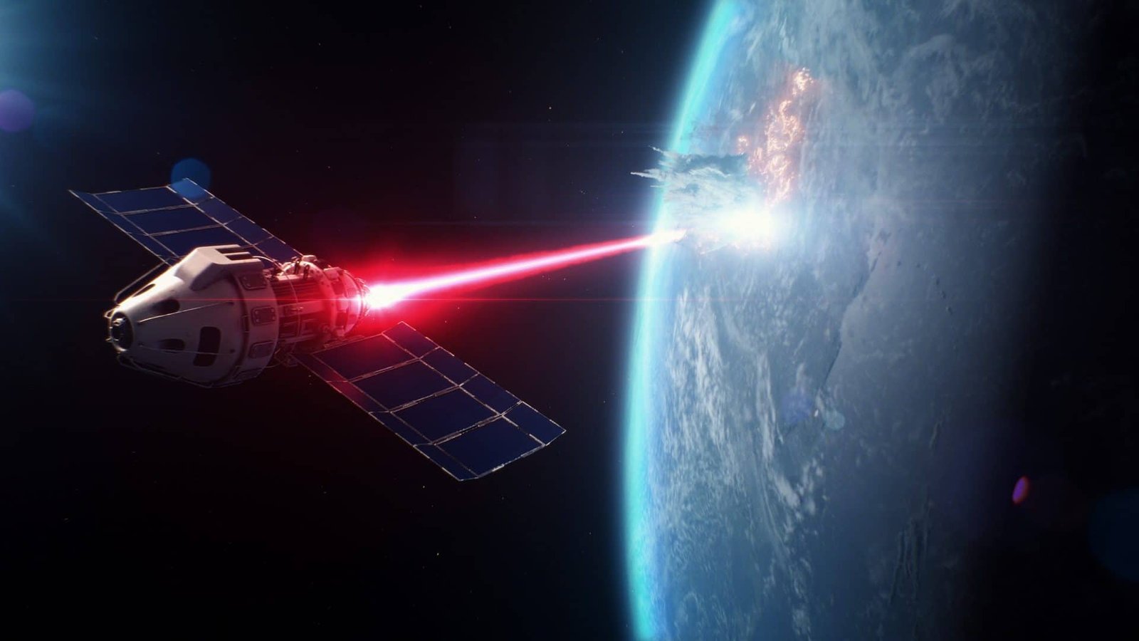 Satellite in space shooting red laser against Earth
