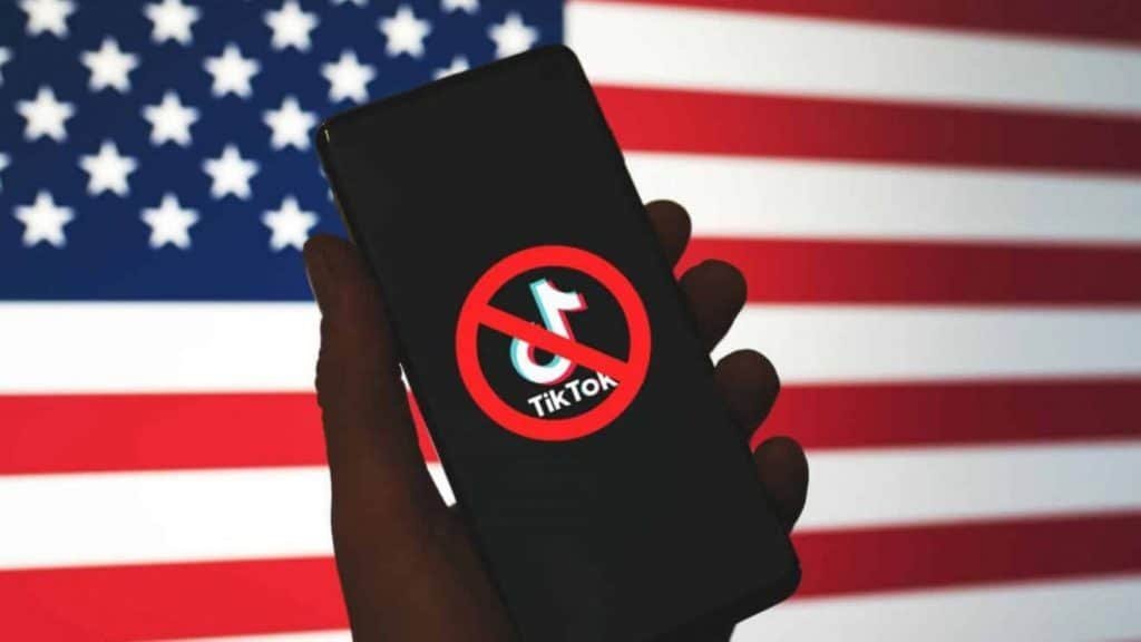USA flag, with the TikTok logo on the front and a padlock icon on the front