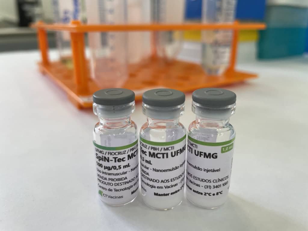 Three small bottles with the Brazilian Covid-19 vaccine