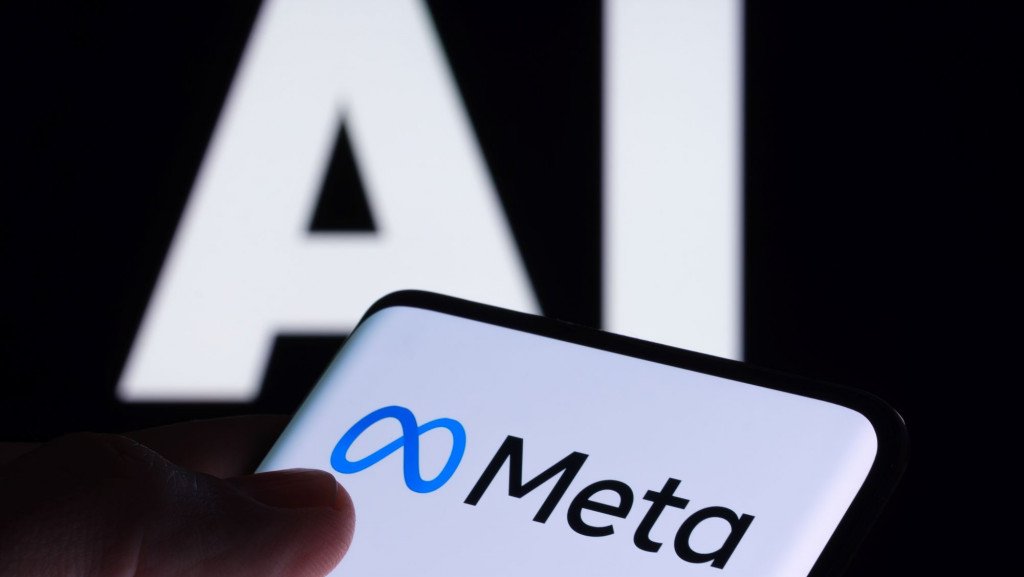 Meta logo on a smartphone with the words